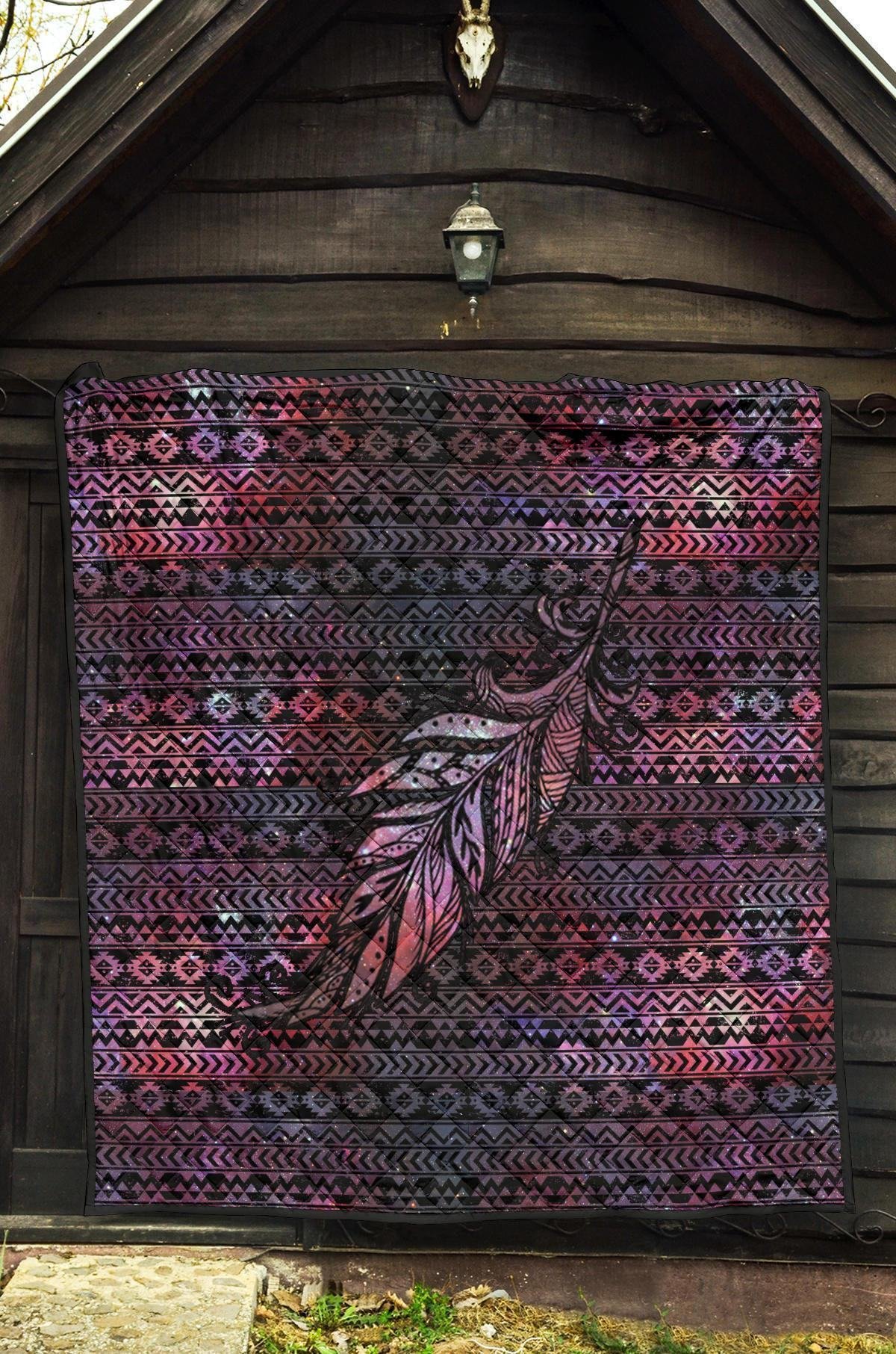 Aztec Boho Feather Quilt Blanket Gift For Native Lover