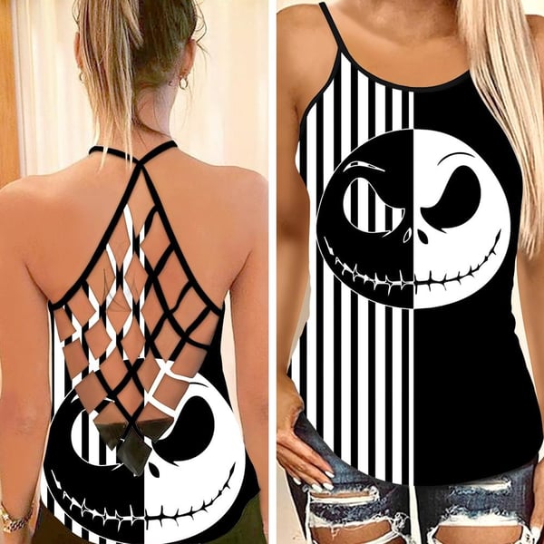 Black & White Jack Skellington Criss Cross Tank Top NBCCT17