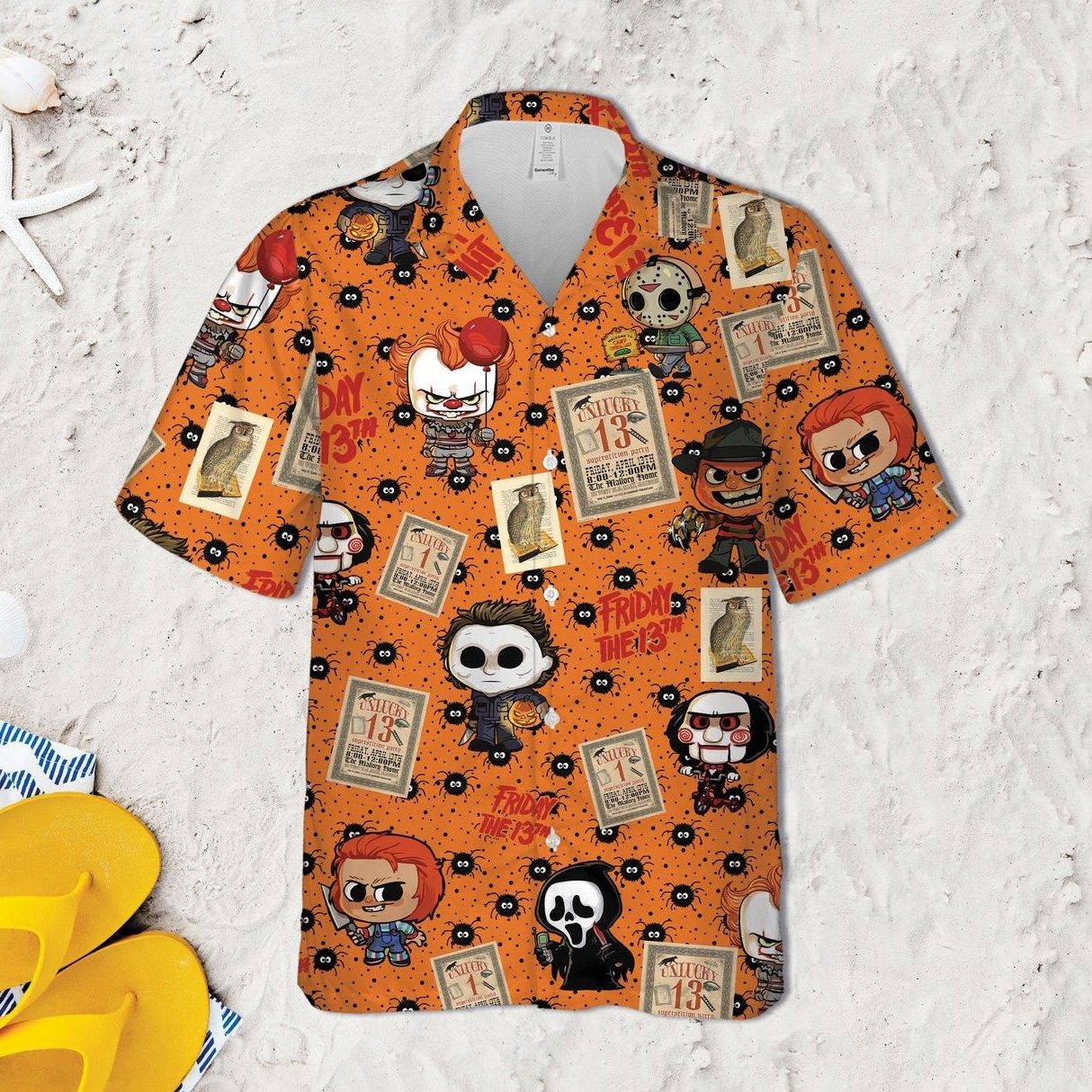 Chibi Horror Characters Hawaiian Shirt |  Freddy Jason Michael Pennywise Chucky Halloween Aloha Shirt