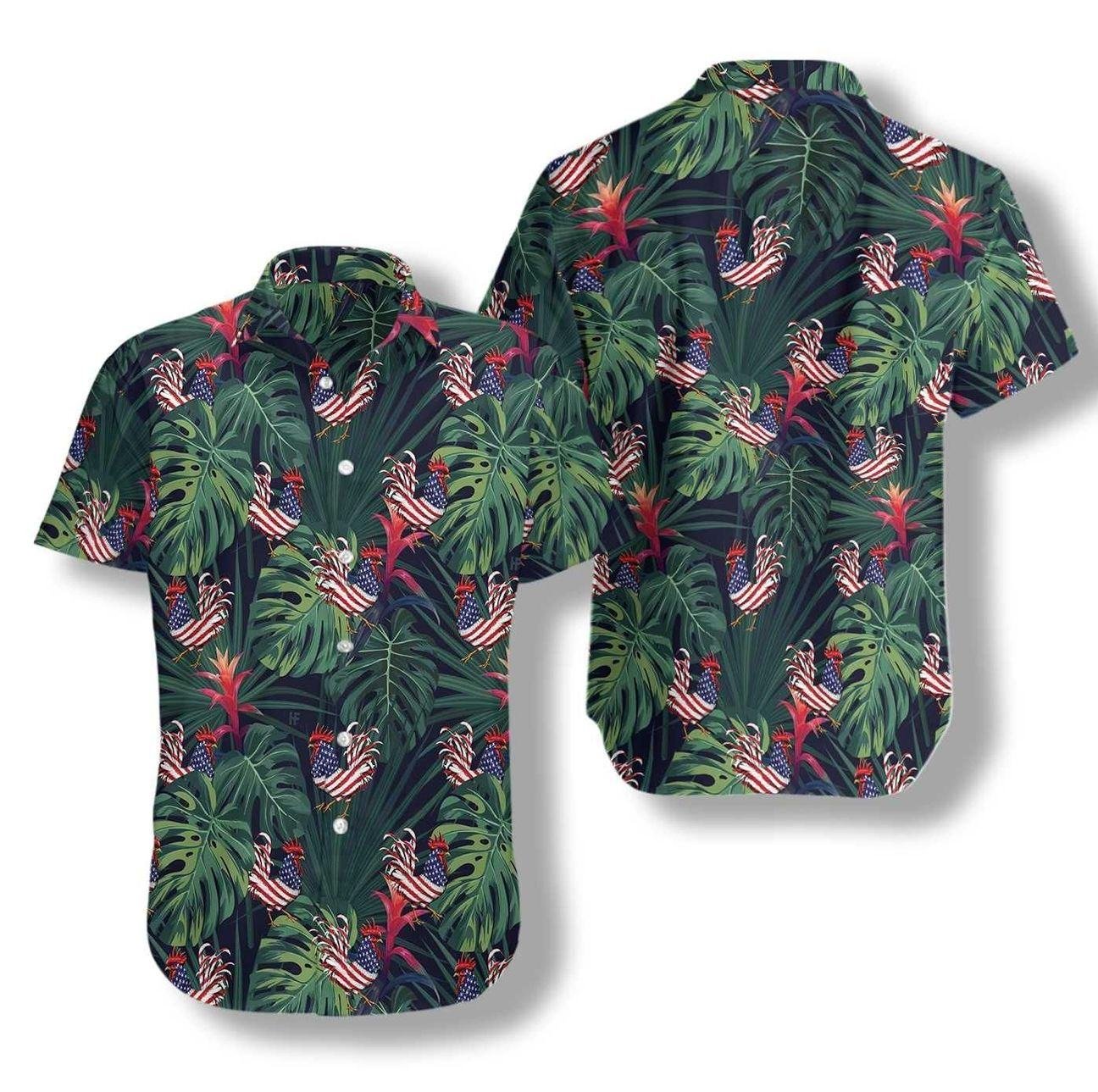 Chicken American Flag Tropical Custom Button Up Hawaiian Shirt