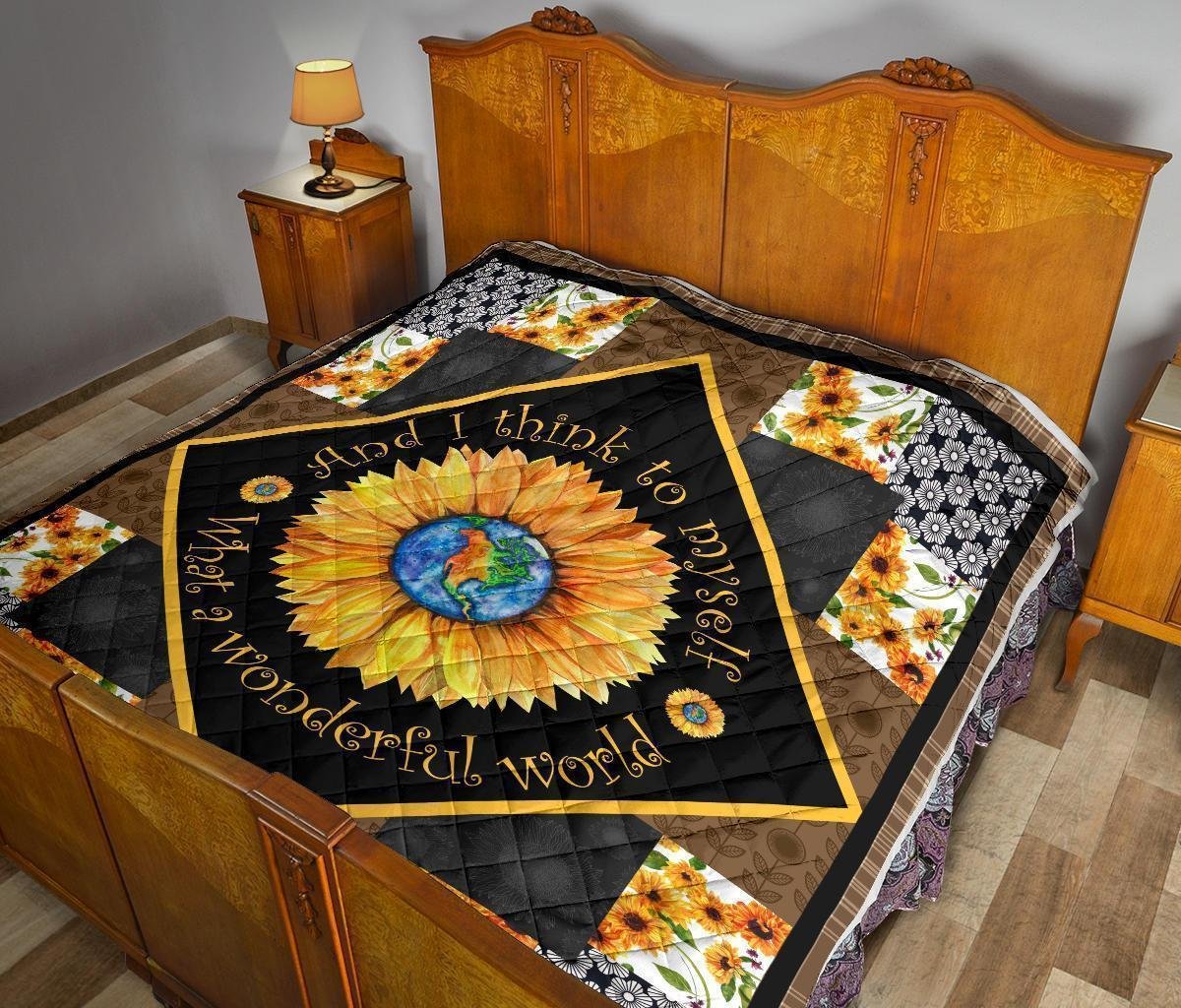 Colorful What a Wonderful World Sunflower Quilt Blanket Gift