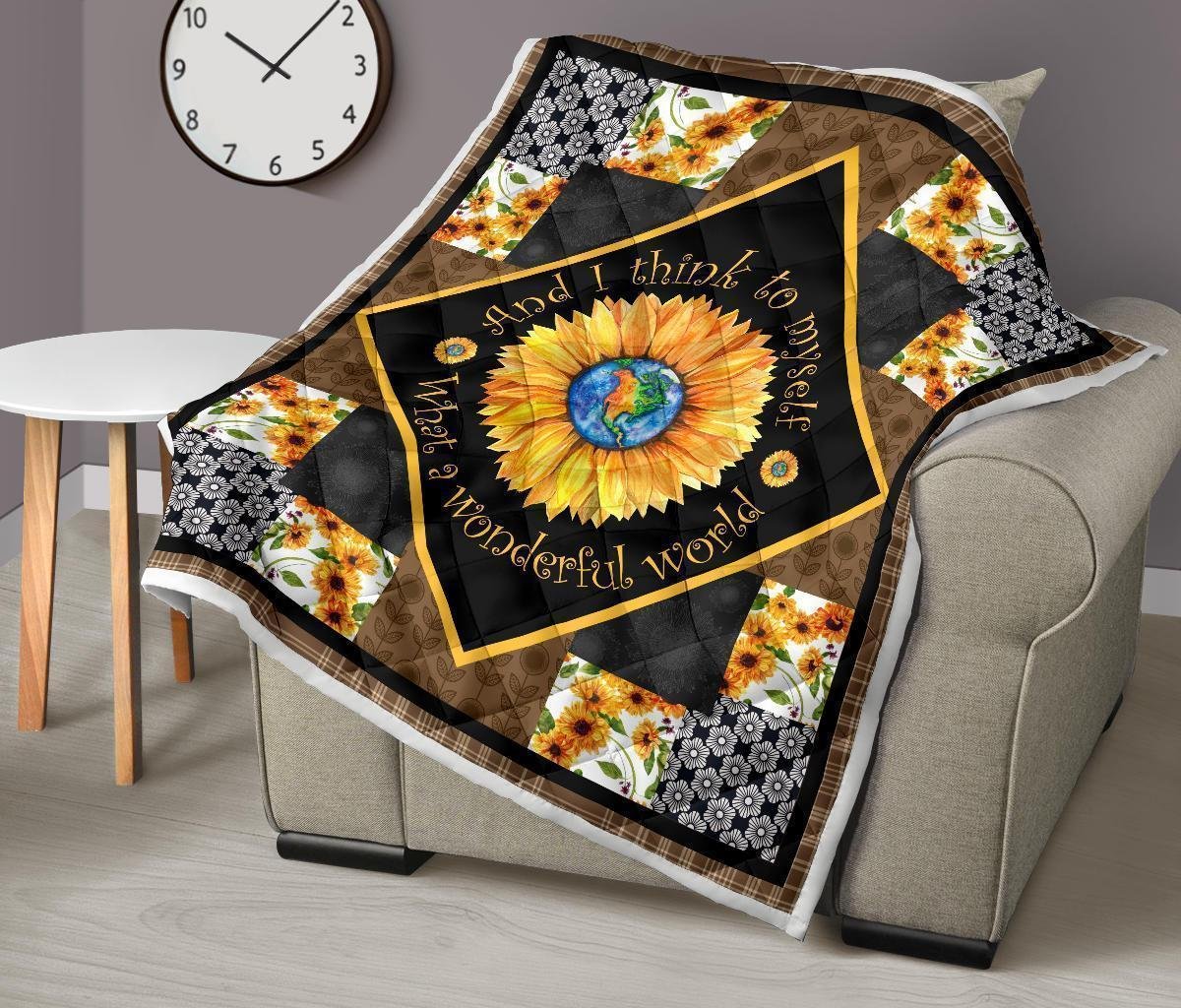 Colorful What a Wonderful World Sunflower Quilt Blanket Gift