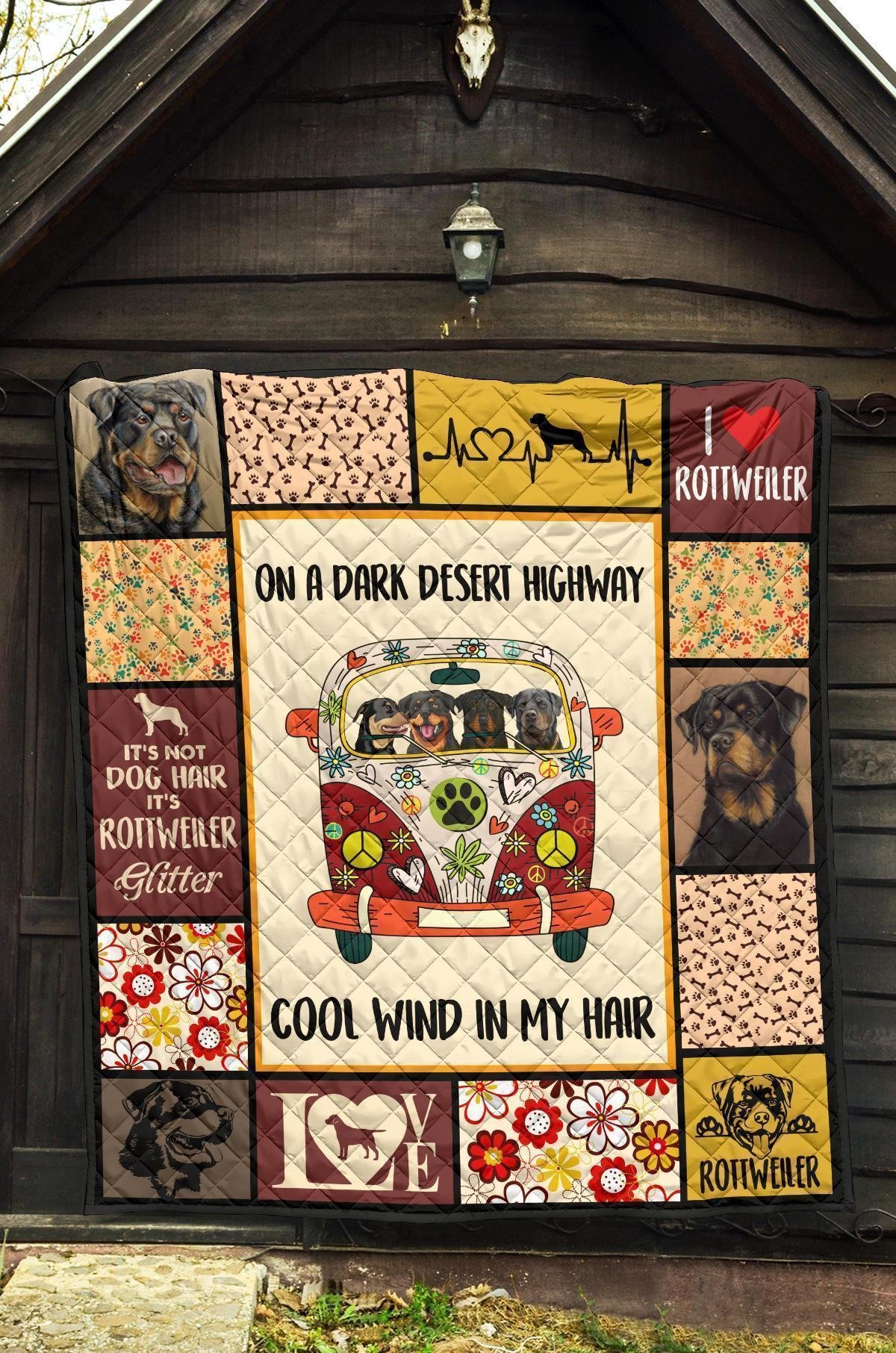 Dog On Dark Desert Highway Hippie Van Rottweiler Quilt Blanket