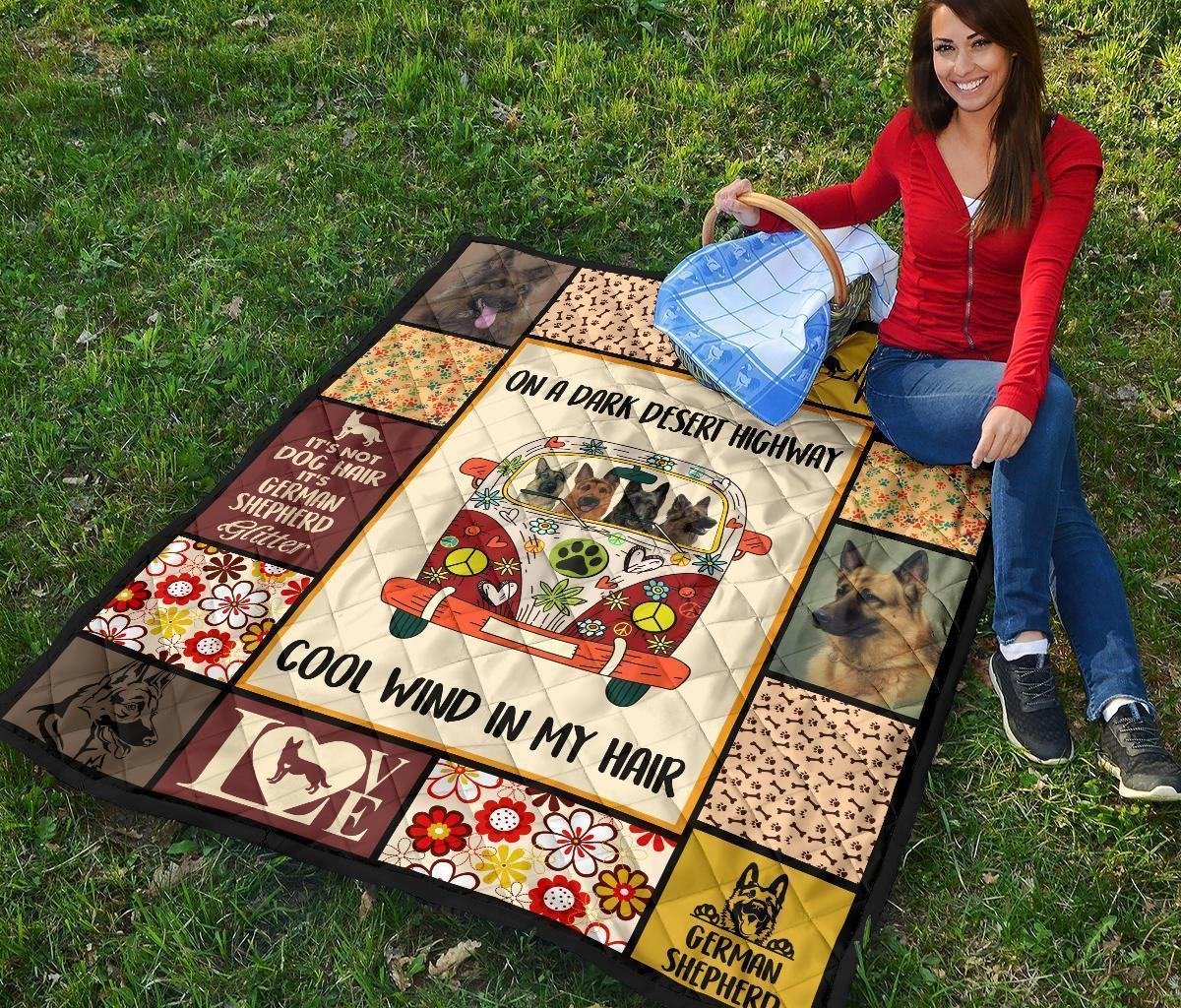 Dog On Dark Desert Hippie Van German Shepherd Quilt Blanket