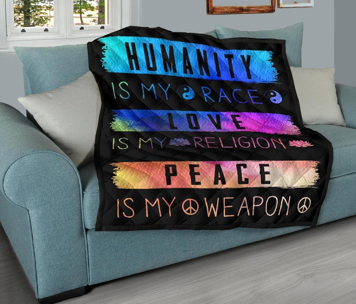 Humanity Is My Race Love and Peace Hippie Quilt Blanket Gift Idea