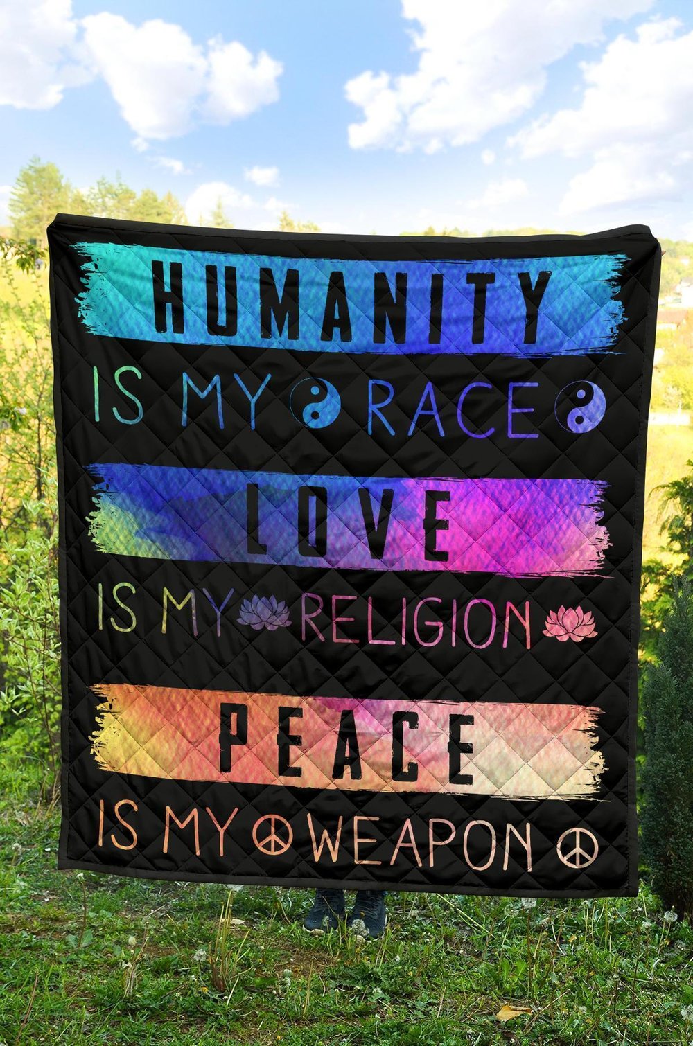 Humanity Is My Race Love and Peace Hippie Quilt Blanket Gift Idea