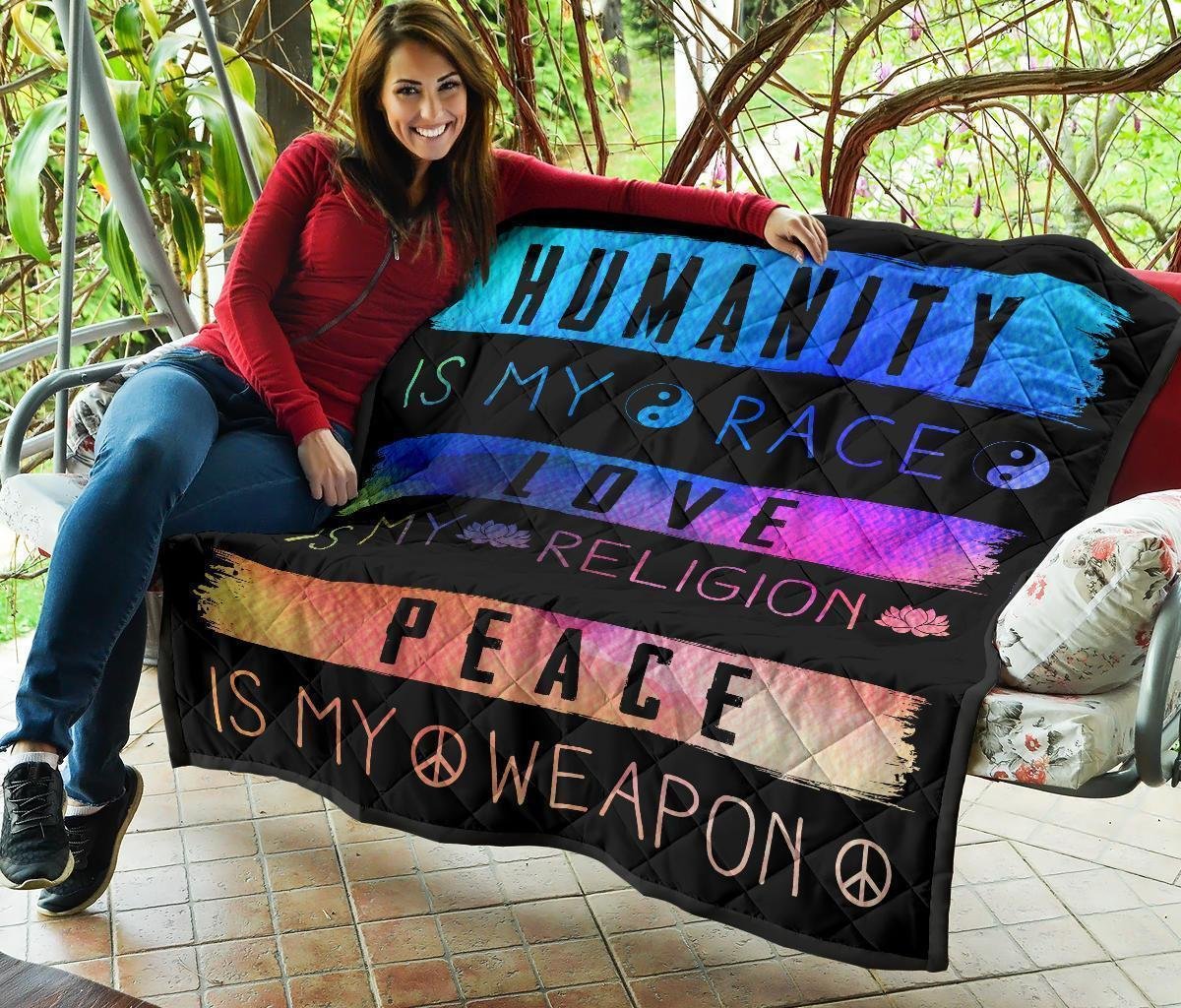 Humanity Is My Race Love and Peace Hippie Quilt Blanket Gift Idea