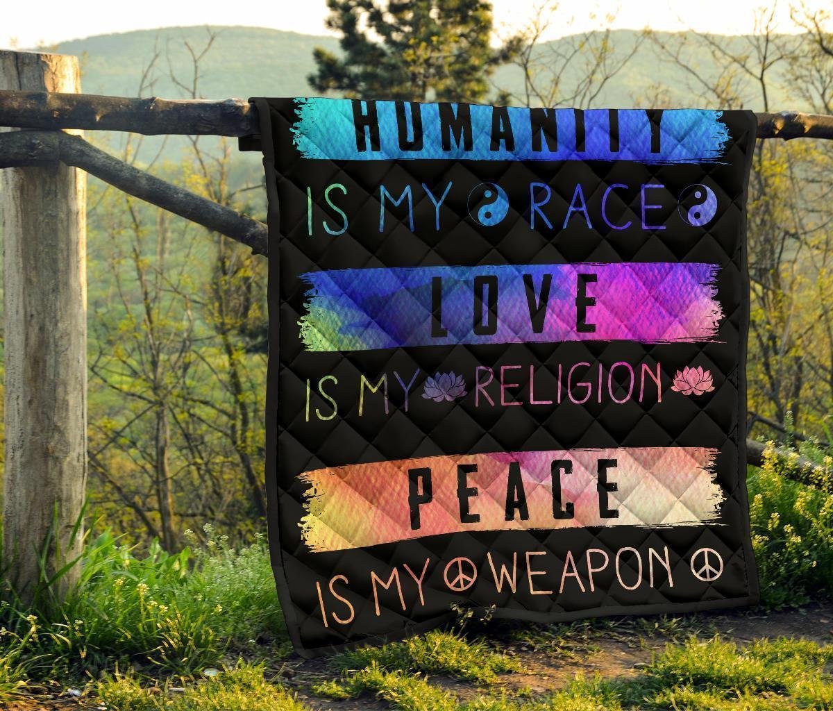 Humanity Is My Race Love and Peace Hippie Quilt Blanket Gift Idea