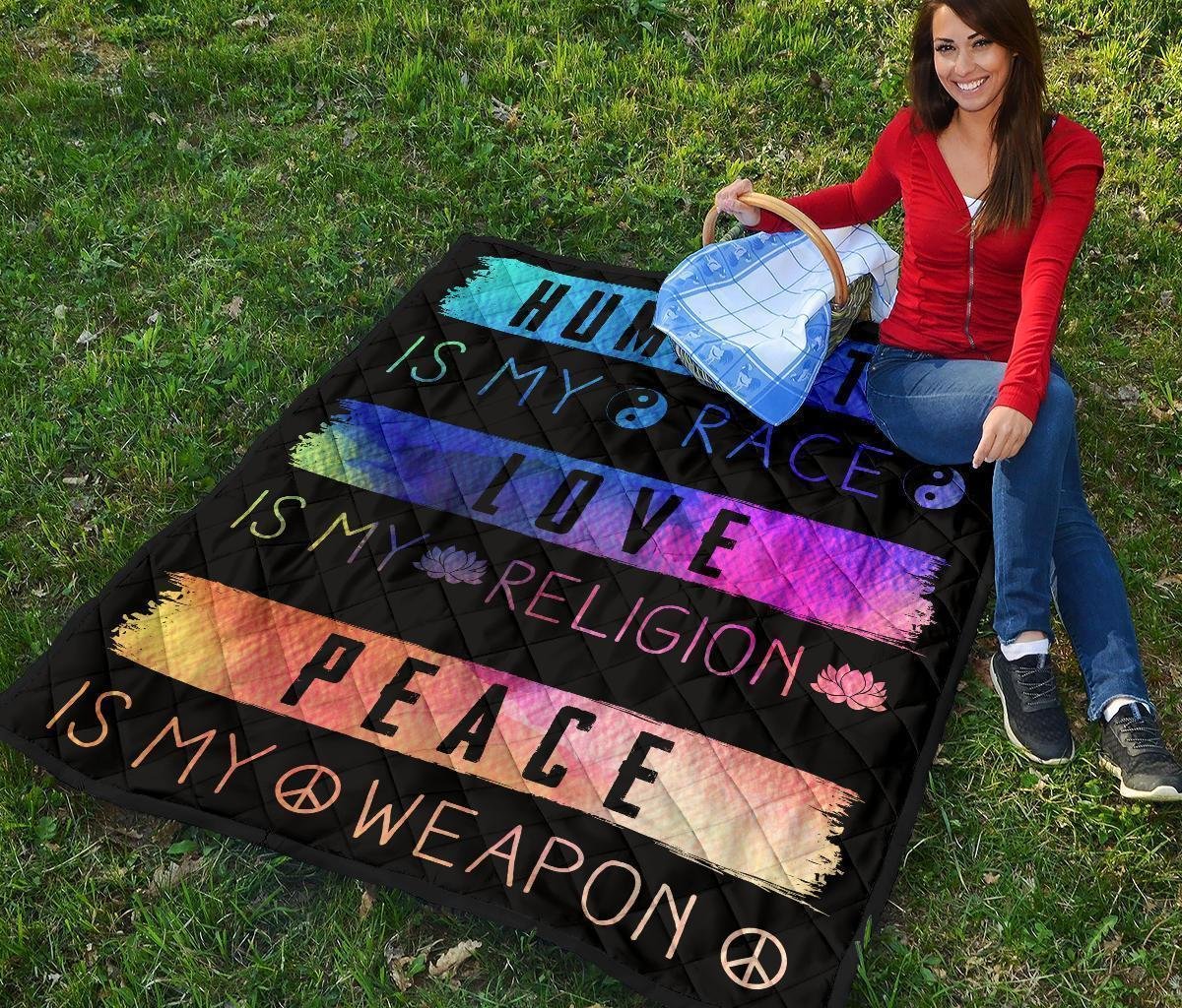 Humanity Is My Race Love and Peace Hippie Quilt Blanket Gift Idea