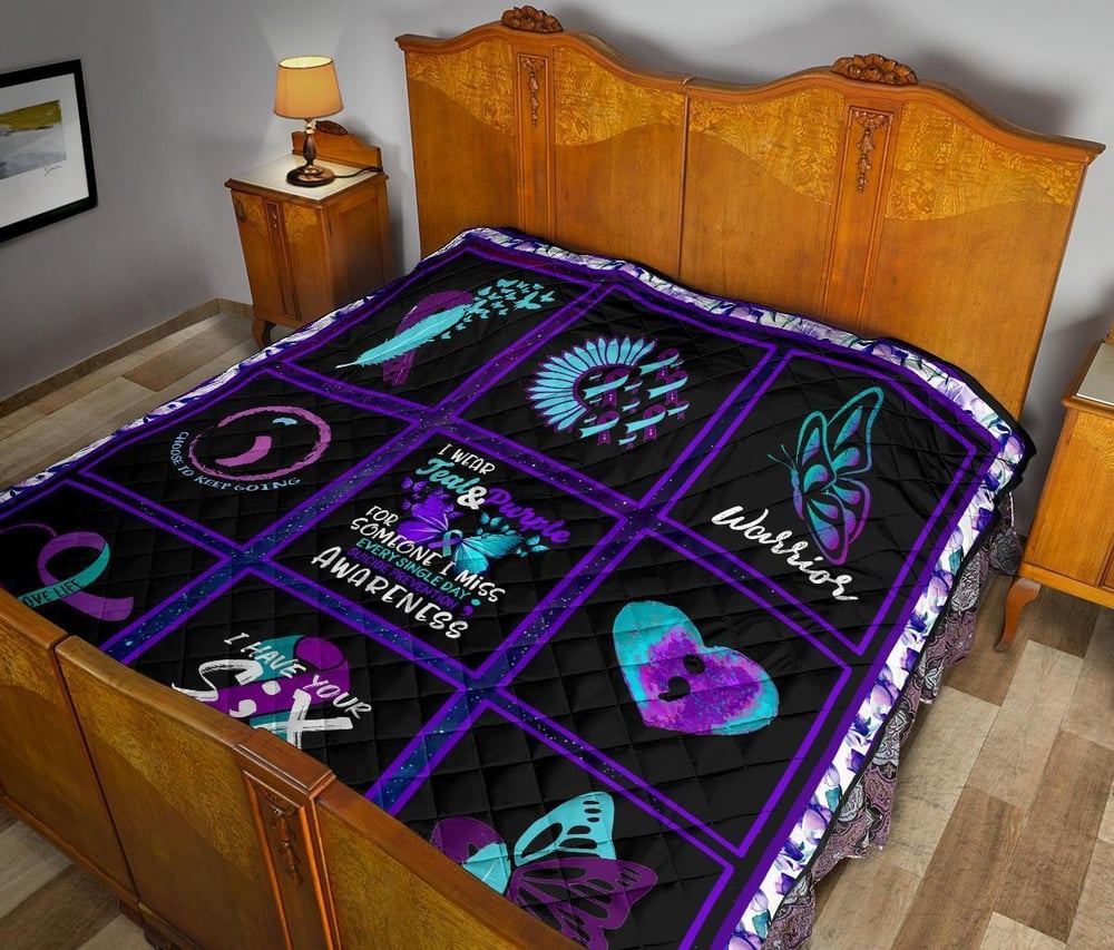 I wear Teal And Purple Suicide Prevent Awareness Quilt Blanket