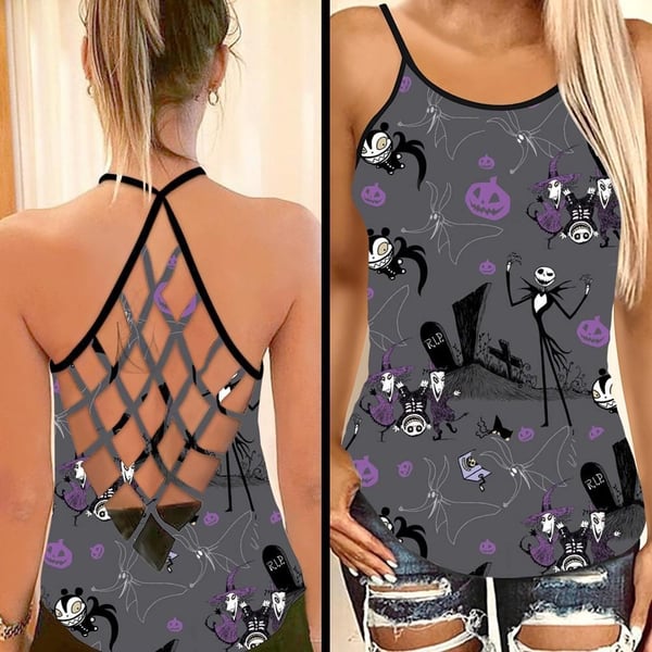 Jack Skellington Halloween Pattern Criss Cross Tank Top NBCCT48