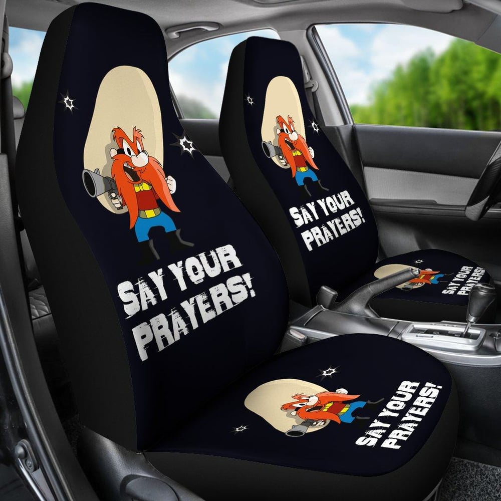 Looney Tunes Car Seat Covers | Yosemite Sam Car Seat Covers Looney Say Your Prayer Hand with Gun Fan Gift