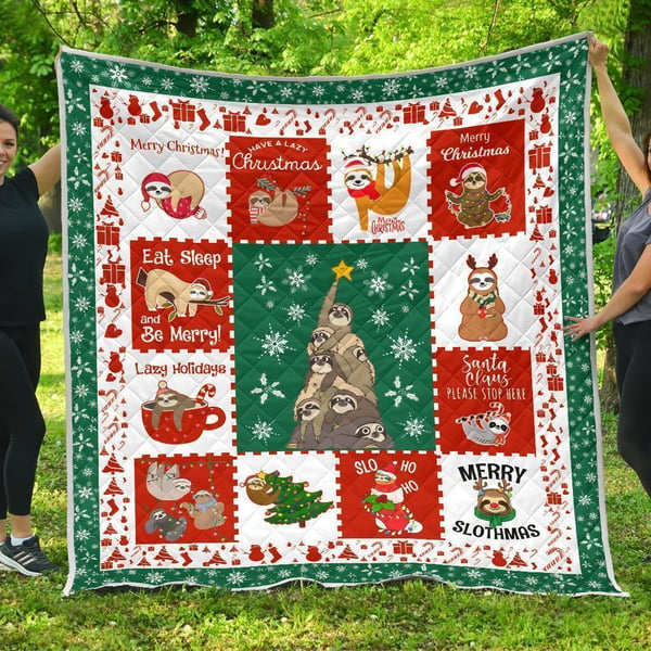 Merry Slothmas Quilt Blanket Xmas Gift For Sloth Lover