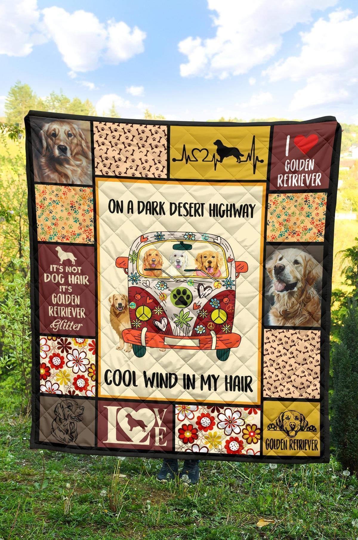 On A Dark Desert Hippie Van Golden Retriever Quilt Blanket