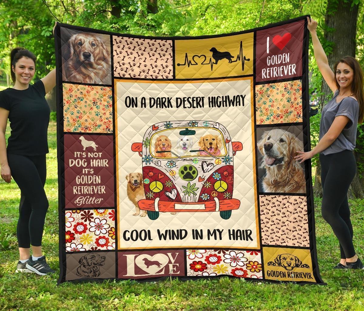 On A Dark Desert Hippie Van Golden Retriever Quilt Blanket