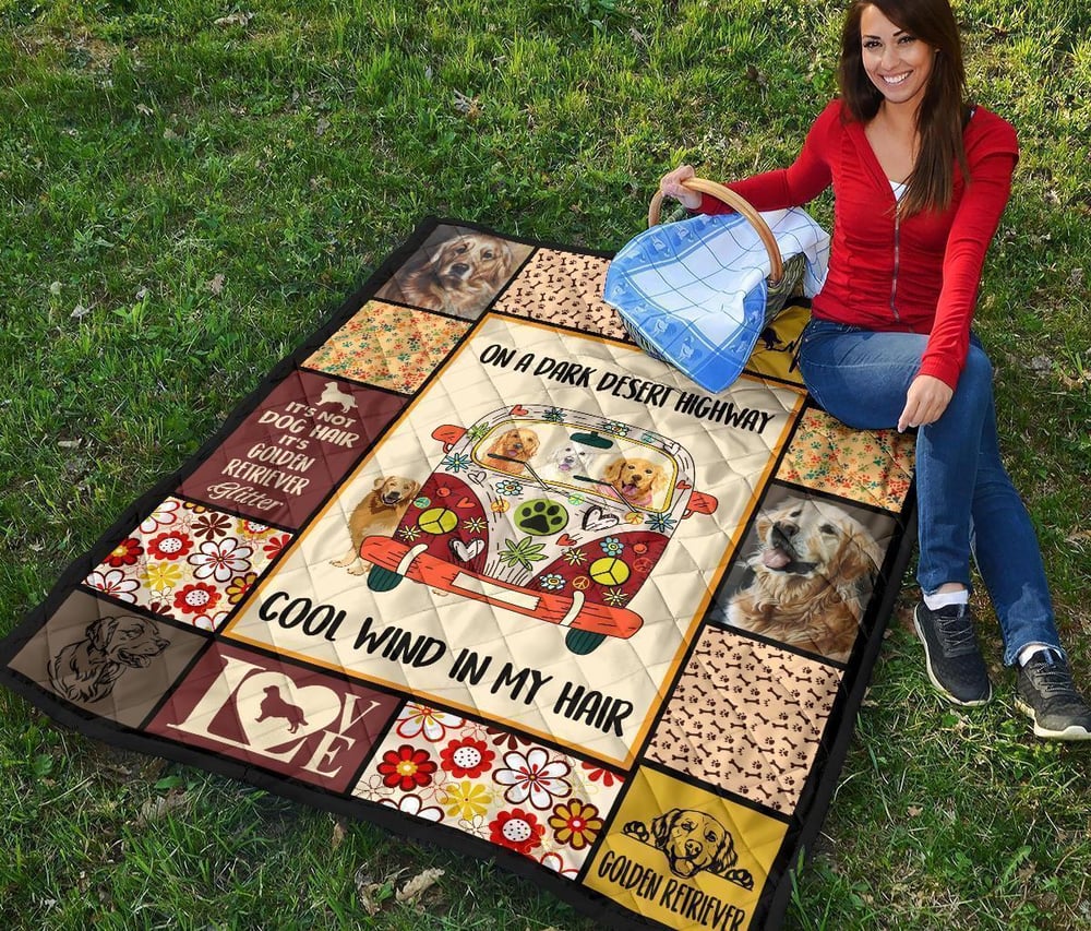 On A Dark Desert Hippie Van Golden Retriever Quilt Blanket