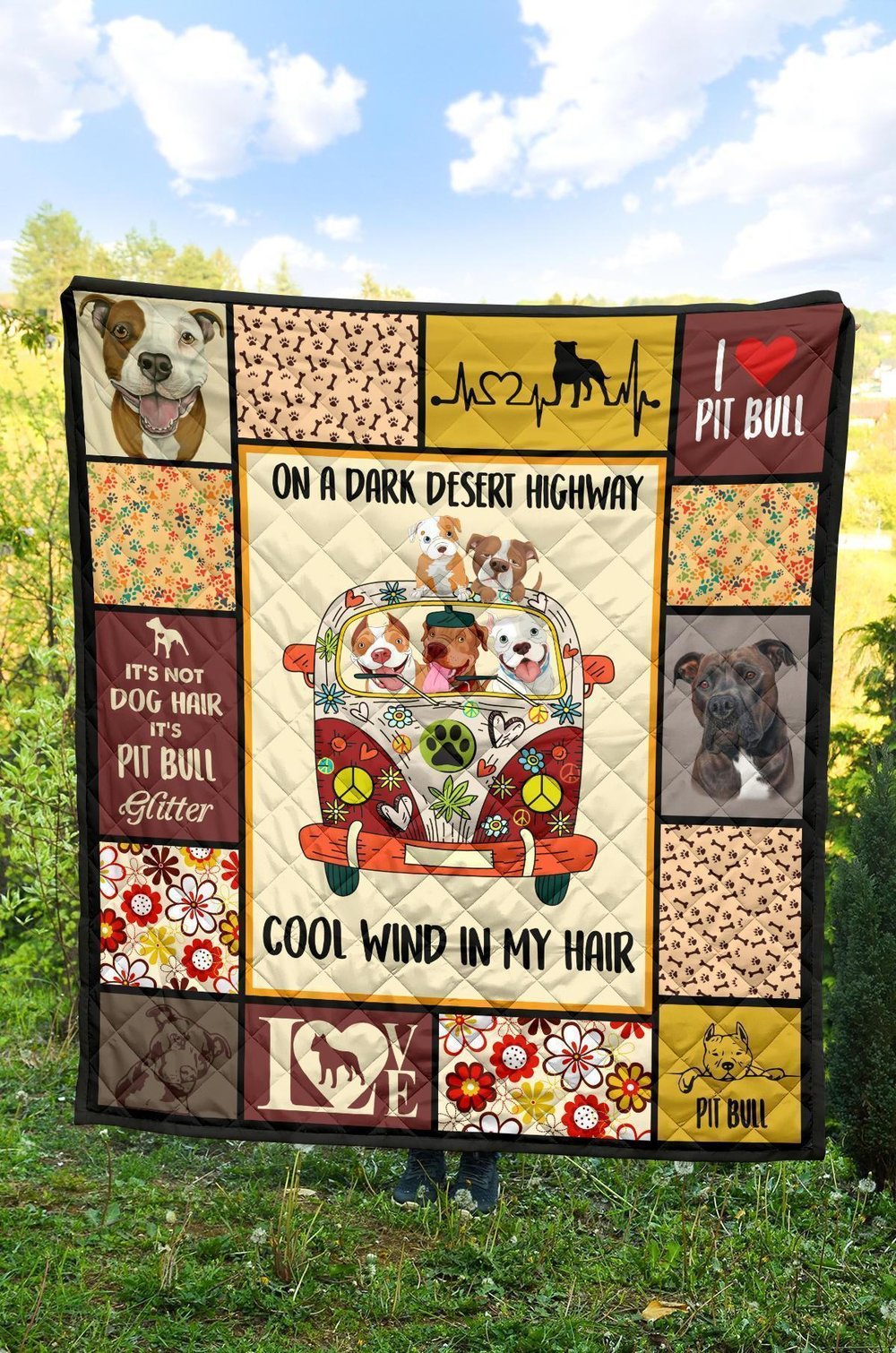 On Dark Desert Cool Wind In My Hair Pit Bull Quilt Blanket