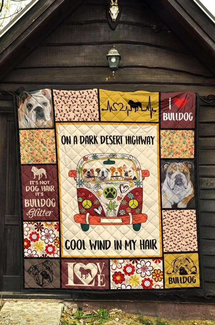 On Dark Desert Highway Hippie Van Bulldog Quilt Blanket Dog Lover