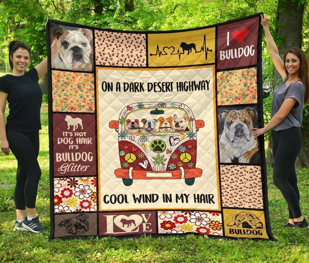 On Dark Desert Highway Hippie Van Bulldog Quilt Blanket Dog Lover