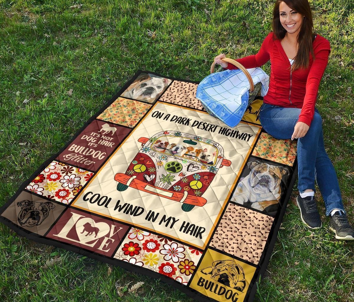 On Dark Desert Highway Hippie Van Bulldog Quilt Blanket Dog Lover