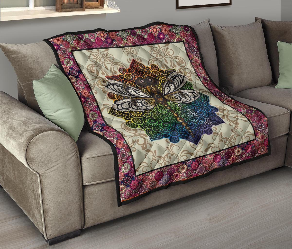 Vintage Style Mandala Dragonfly Quilt Blanket Gift Idea