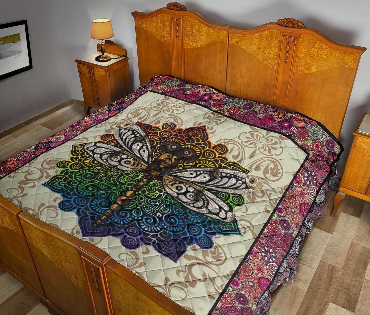 Vintage Style Mandala Dragonfly Quilt Blanket Gift Idea