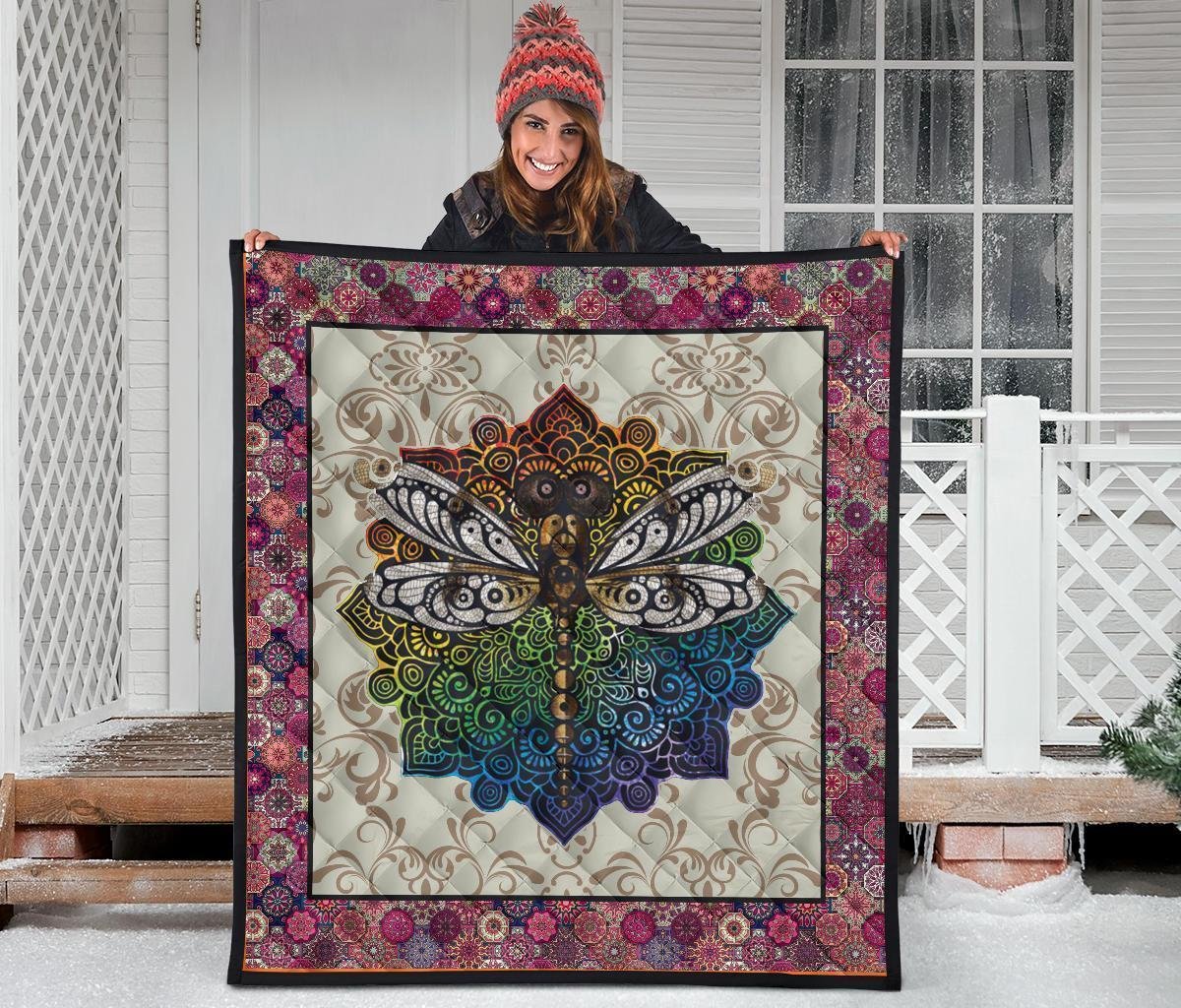 Vintage Style Mandala Dragonfly Quilt Blanket Gift Idea