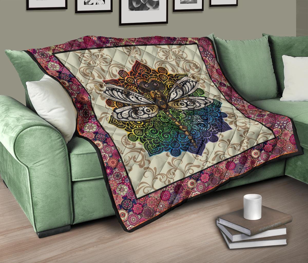 Vintage Style Mandala Dragonfly Quilt Blanket Gift Idea