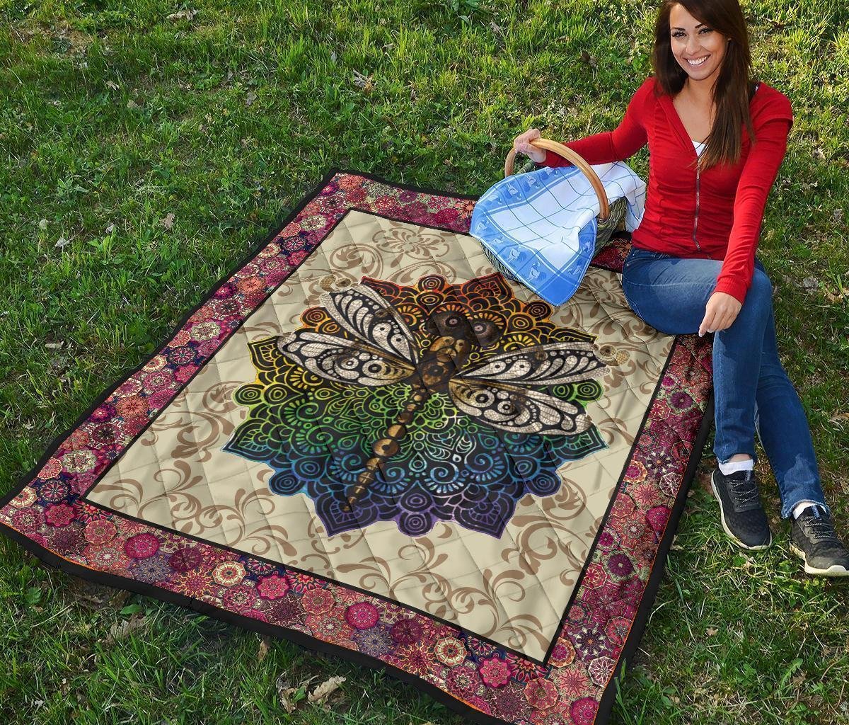 Vintage Style Mandala Dragonfly Quilt Blanket Gift Idea