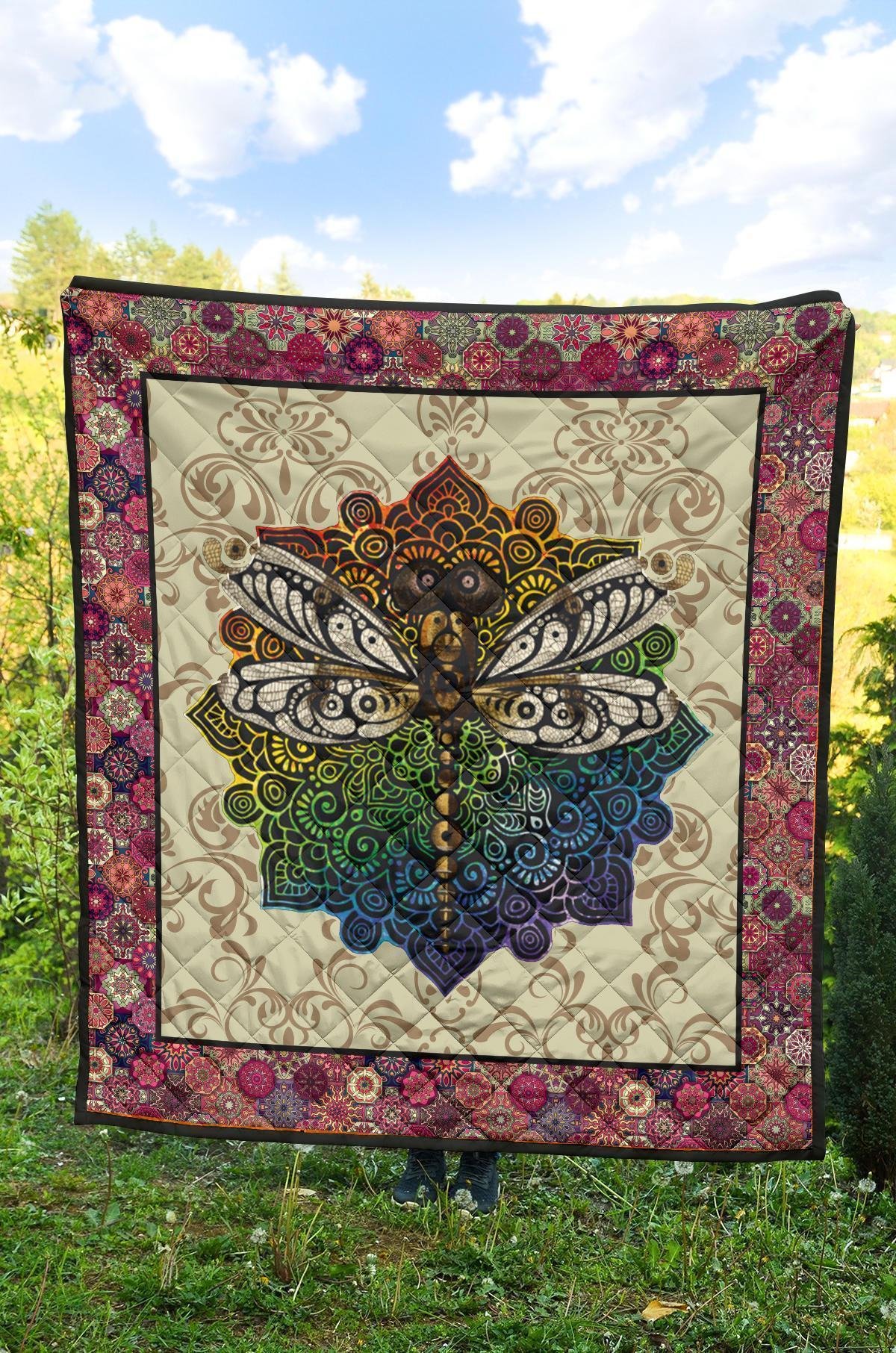 Vintage Style Mandala Dragonfly Quilt Blanket Gift Idea