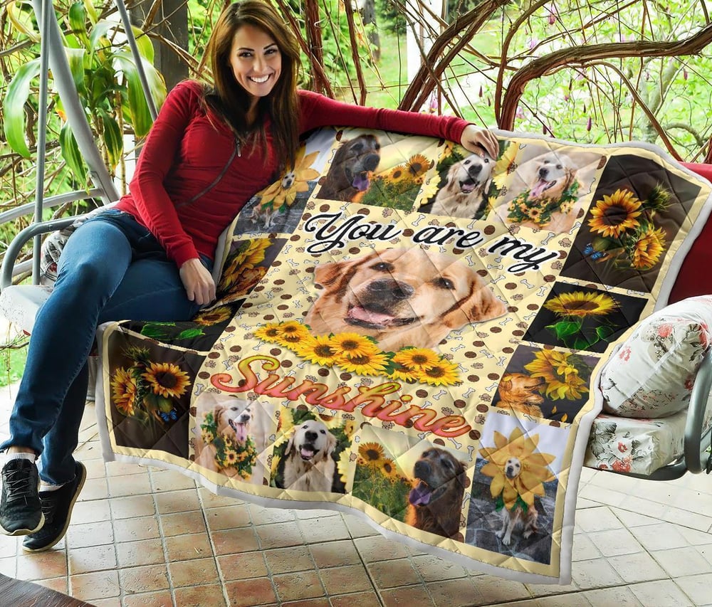 You Are My Sunshine Sunflower Golden Retriever Quilt Blanket