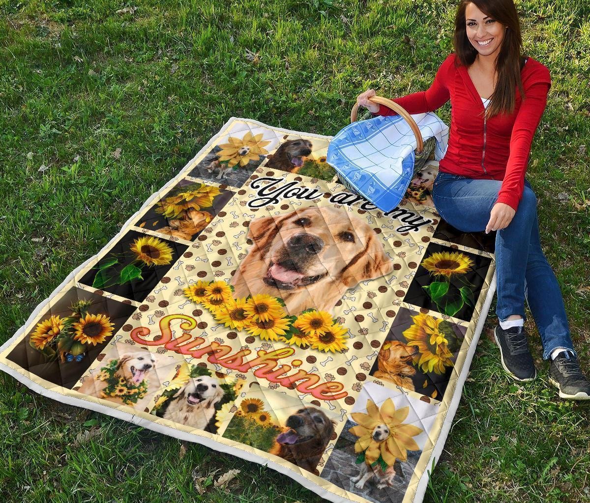 You Are My Sunshine Sunflower Golden Retriever Quilt Blanket