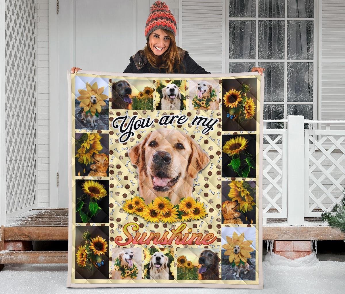 You Are My Sunshine Sunflower Golden Retriever Quilt Blanket