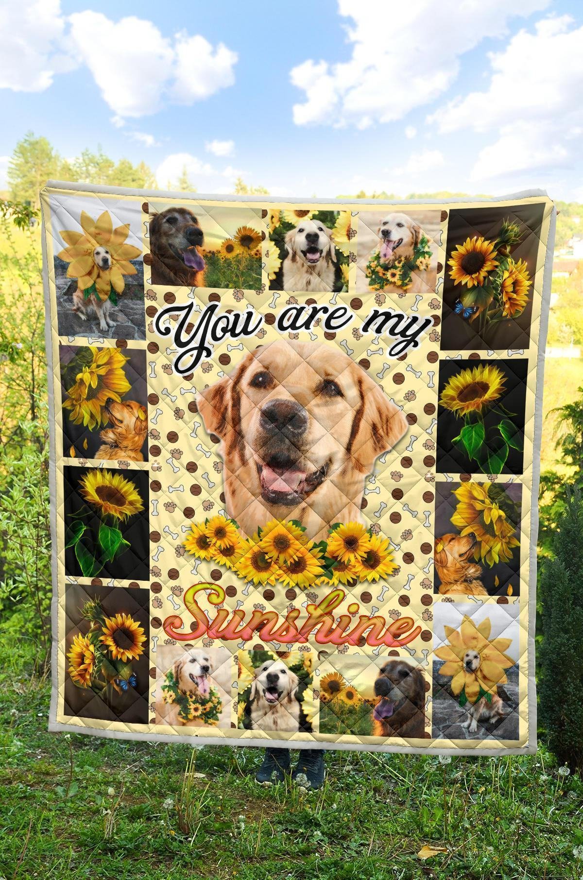 You Are My Sunshine Sunflower Golden Retriever Quilt Blanket