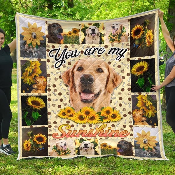 You Are My Sunshine Sunflower Golden Retriever Quilt Blanket