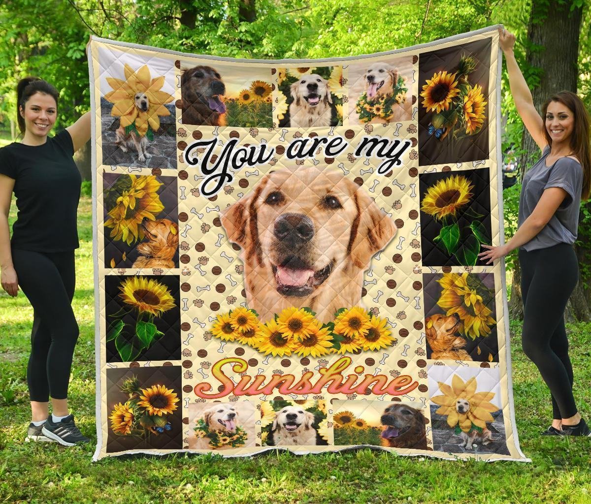 You Are My Sunshine Sunflower Golden Retriever Quilt Blanket