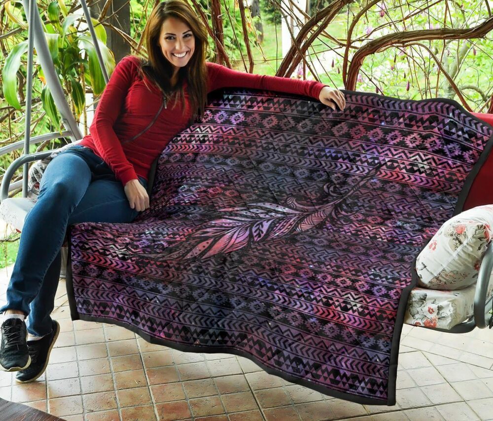 Aztec Boho Feather Quilt Blanket Gift For Native Lover