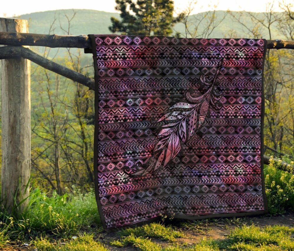 Aztec Boho Feather Quilt Blanket Gift For Native Lover