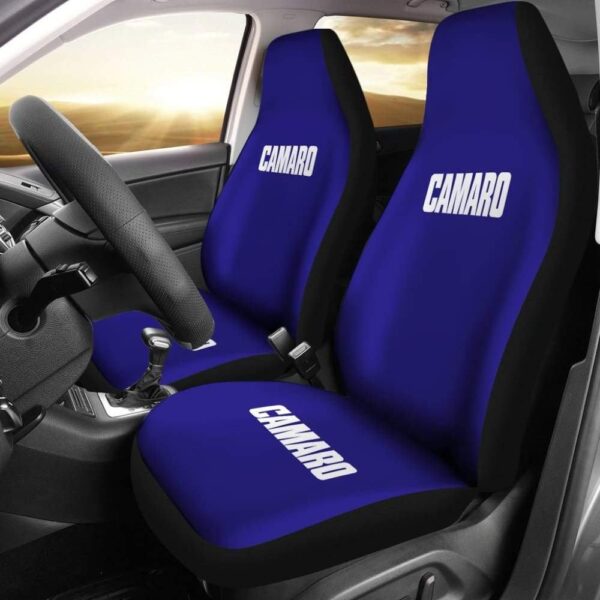 Blue Camaro White Letter Car Seat Covers | Custom Car Seat Covers
