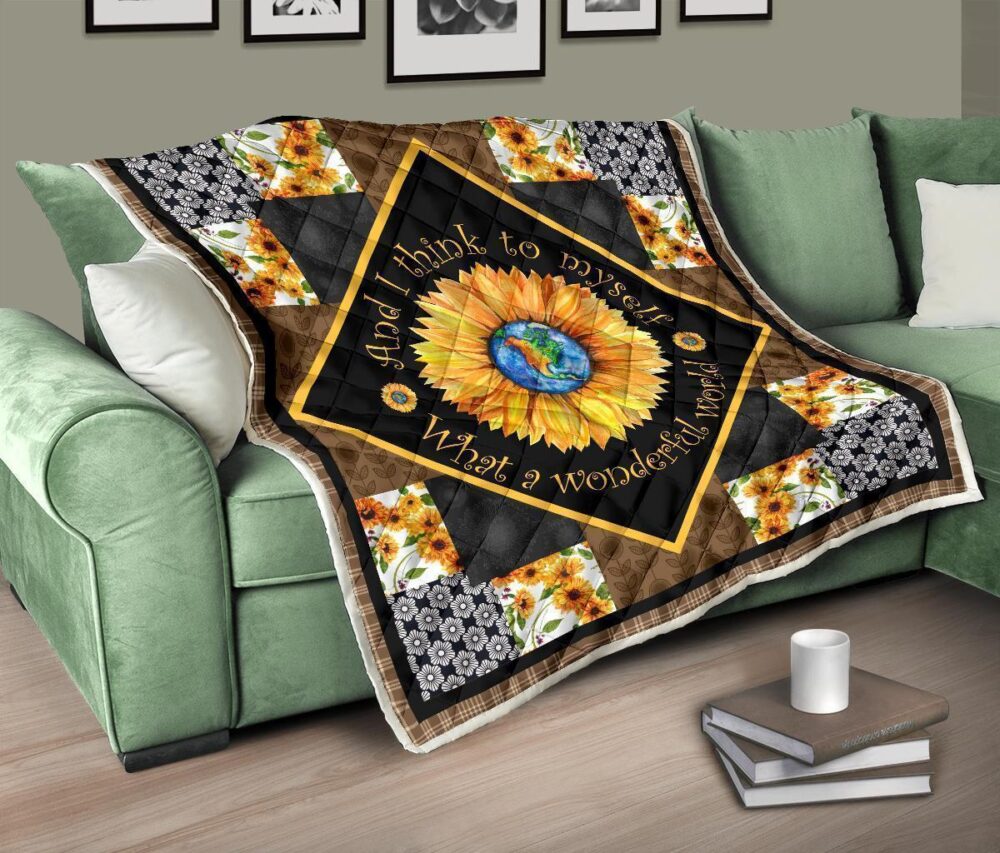 Colorful What a Wonderful World Sunflower Quilt Blanket Gift