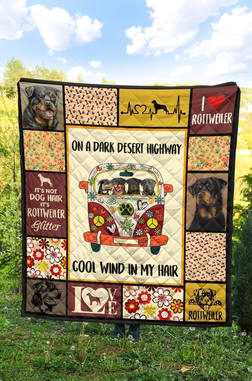 Dog On Dark Desert Highway Hippie Van Rottweiler Quilt Blanket