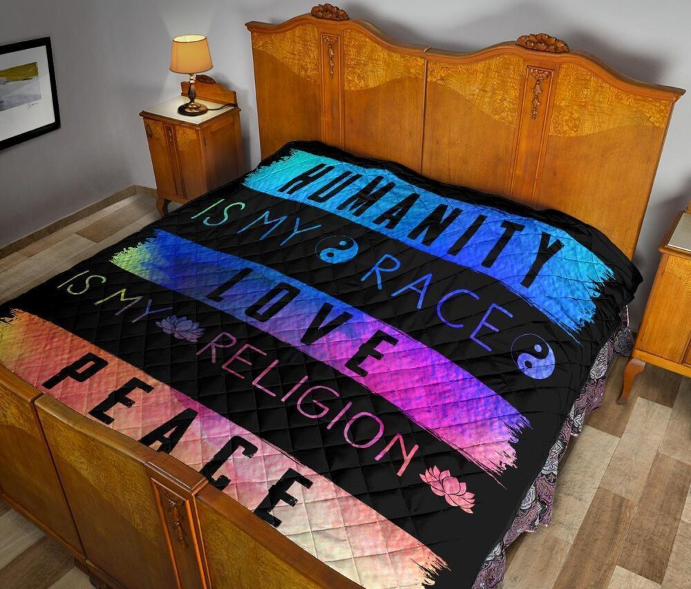 Humanity Is My Race Love and Peace Hippie Quilt Blanket Gift Idea