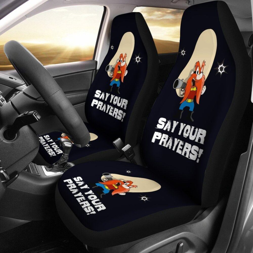 Looney Tunes Car Seat Covers | Yosemite Sam Car Seat Covers Looney Say Your Prayer Hand with Gun Fan Gift