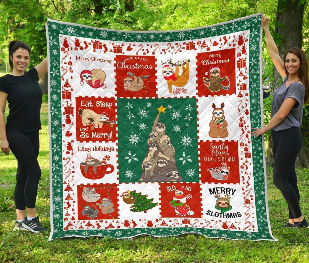Merry Slothmas Quilt Blanket Xmas Gift For Sloth Lover
