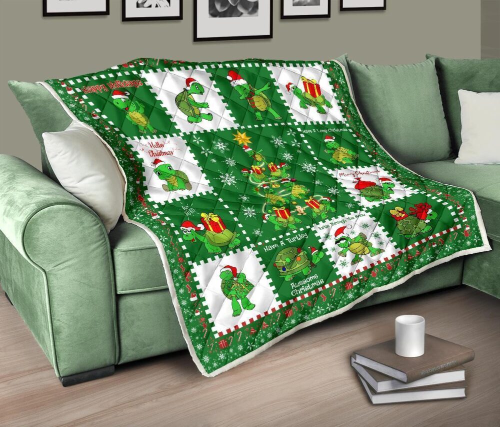 Merry Xmas Turtle Quilt Blanket Funny Xmas Gift Turtle Lover