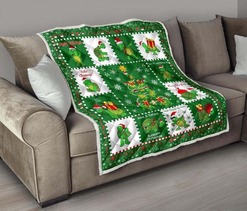 Merry Xmas Turtle Quilt Blanket Funny Xmas Gift Turtle Lover