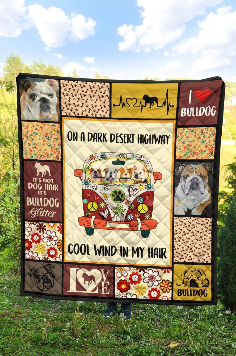 On Dark Desert Highway Hippie Van Bulldog Quilt Blanket Dog Lover