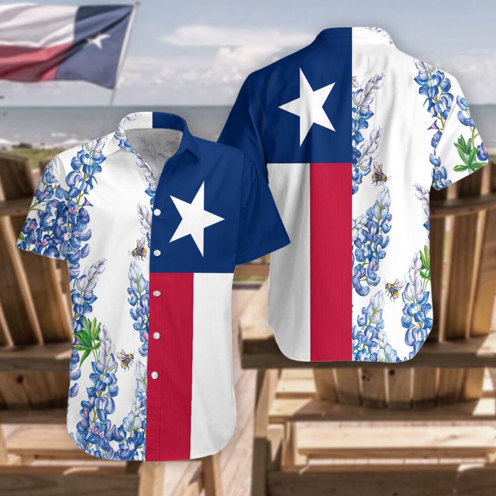 Royal Blue Bluebonnet Texas Custom Hawaii Shirt | Floral Texas Flag Shirt Vertical Version Italic Star