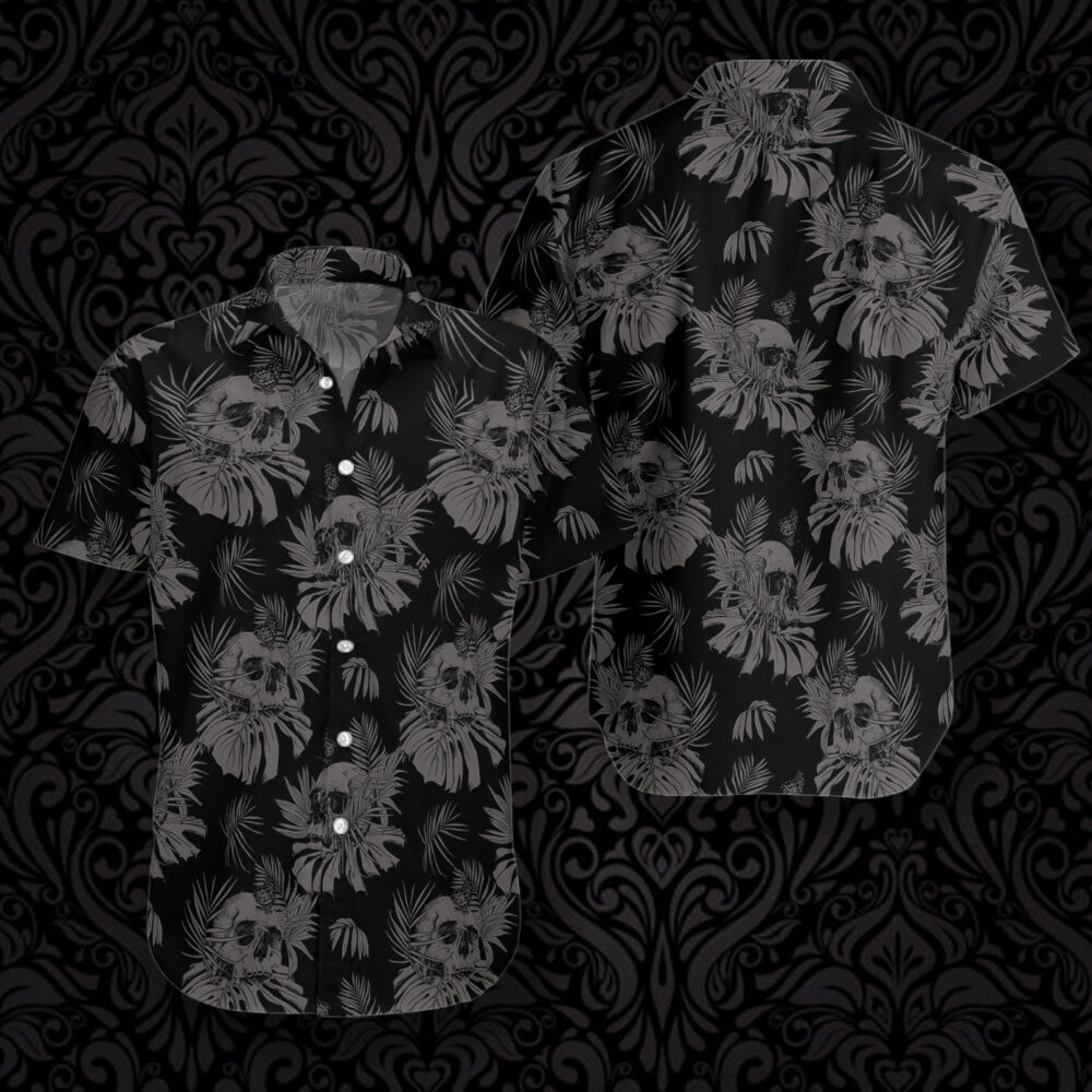 Seamless Gothic Skull With Butterfly Goth Custom Hawaii Shirt | Hawaiian Shirt For Women Men